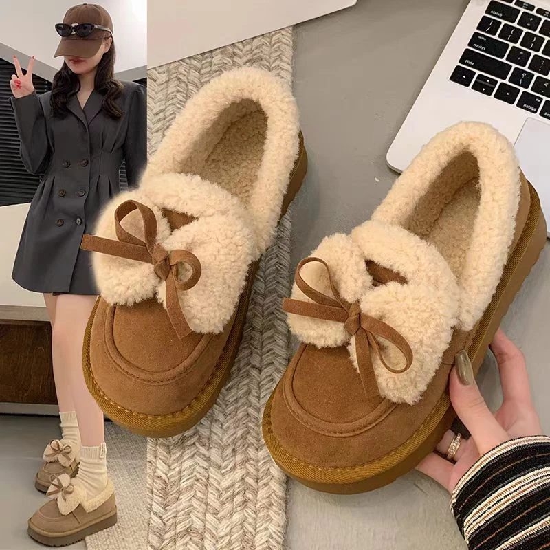 d689蝴蝶结毛毛鞋女冬2024新款厚底雪地靴加绒保暖棉鞋