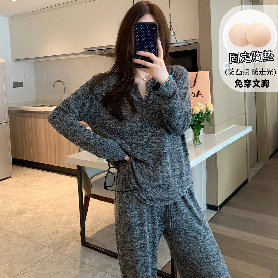 2025新款韩版带胸垫睡衣女款春秋季长袖可外穿简约高级家居服套装