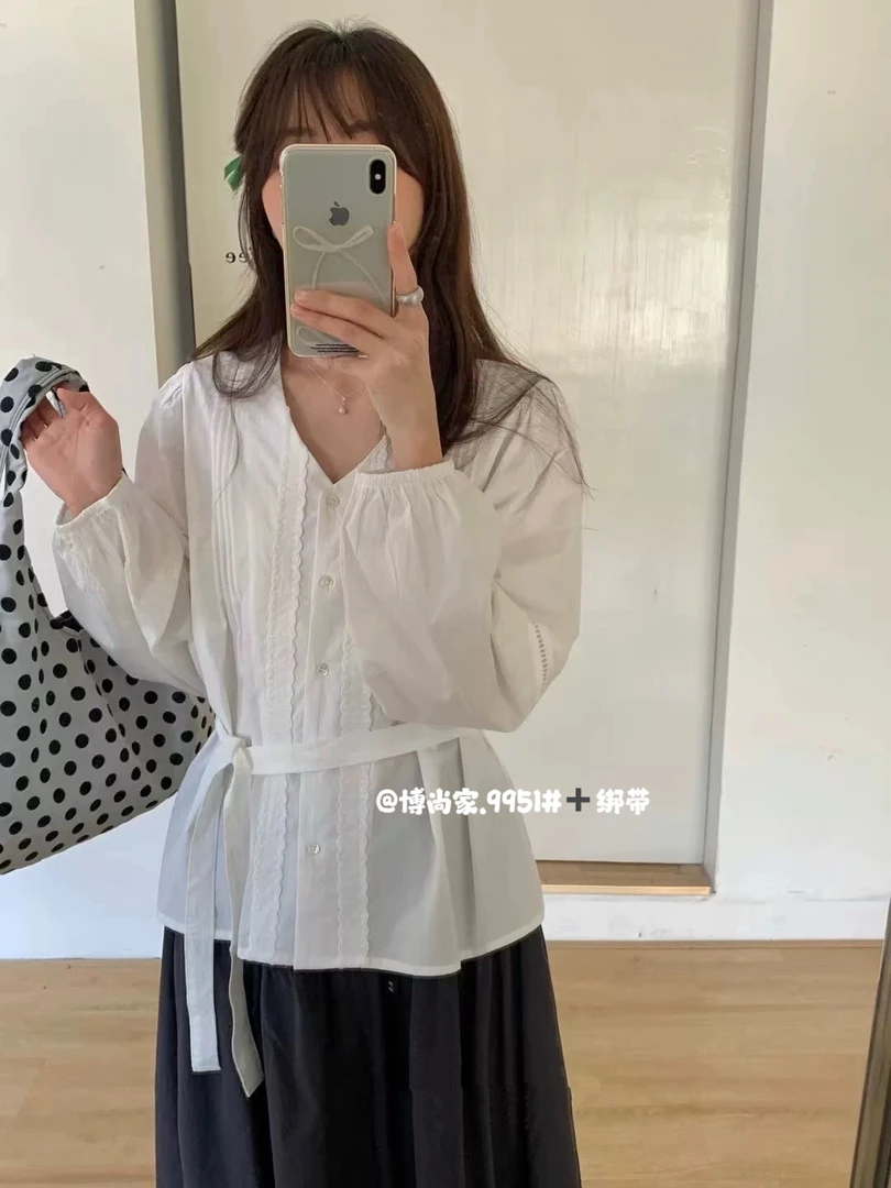 法式时尚【V领系带】气质百搭衬衫9951