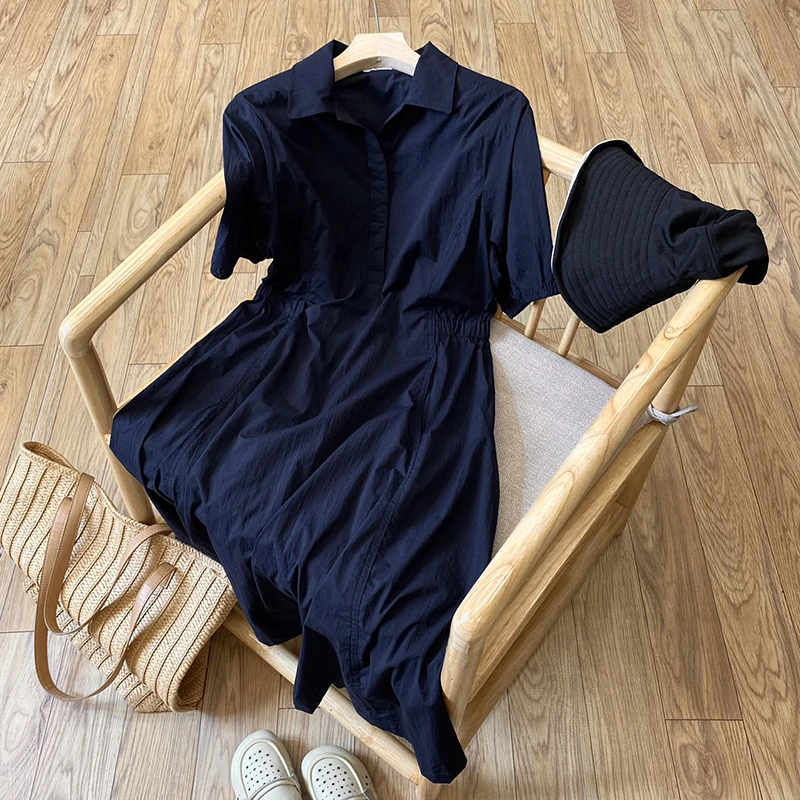 小尖领收腰连衣裙显瘦短袖中长款衬衫裙女Q8