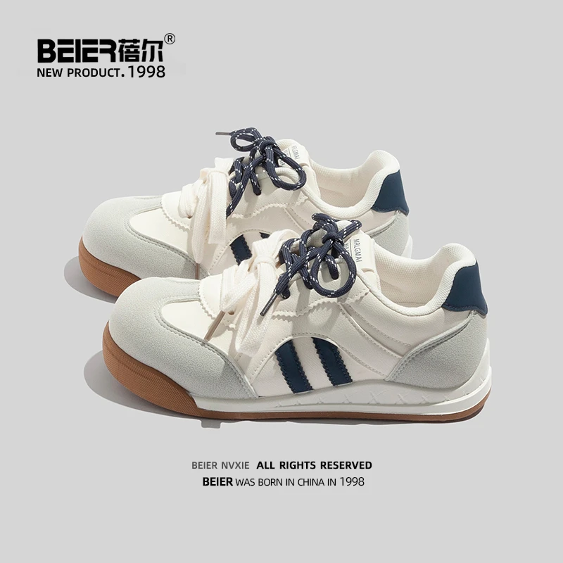 蓓尔泡芙圆头德训鞋子女鞋2025秋季新款小白鞋学生休闲板鞋2705