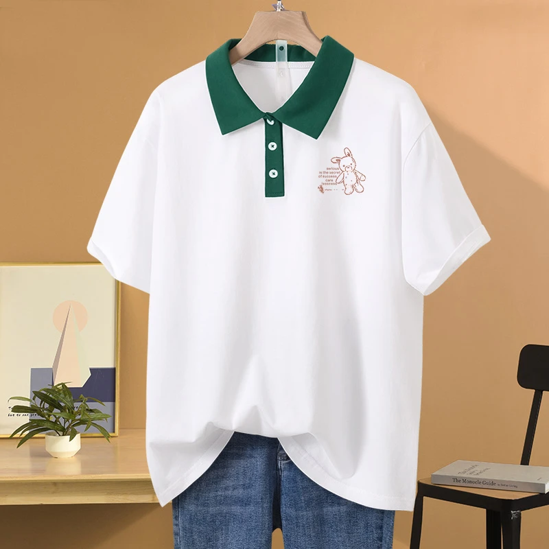 美式复古宽松oversize大码POLO领纯棉短袖t恤女休闲百搭显瘦上衣