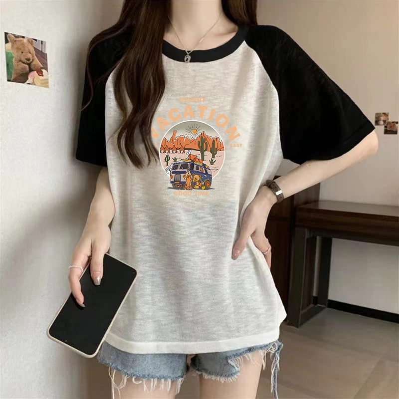 夏季新款竹节棉拼接插肩袖T恤女休闲大码宽松透气清凉圆领上衣ins