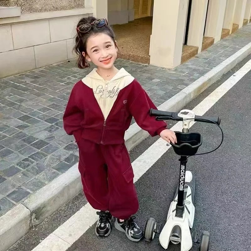 【647款】女春秋拉链字母休闲套装秋季卫衣连帽时尚韩版运动大童