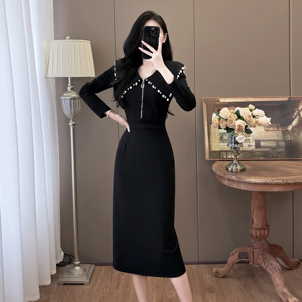 311连衣裙显瘦气质长款黑色修身时尚秋冬女神轻熟赫本风拼接法式