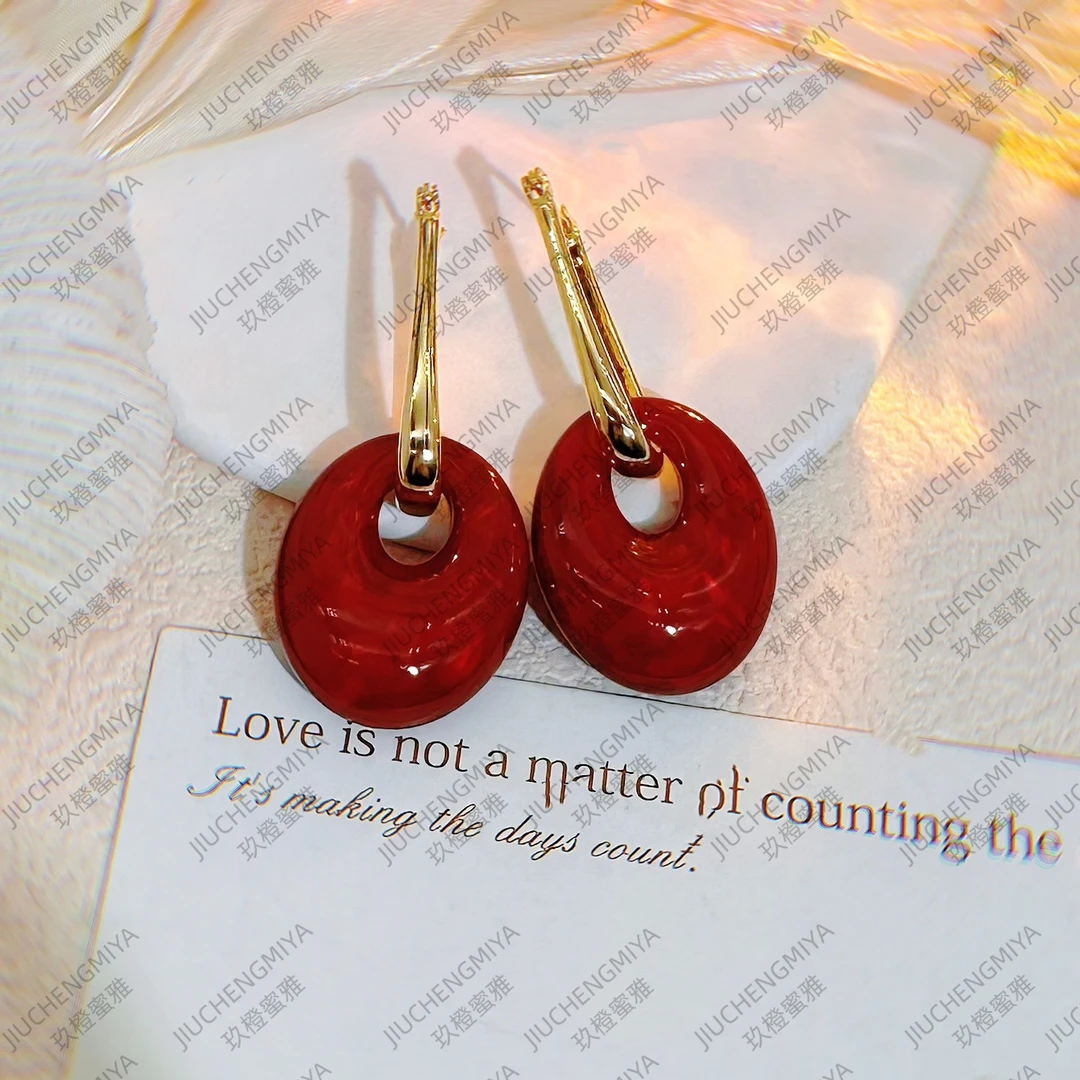 铜合金亚克力耳饰 澄澈S265红色高级百搭气质上档次复古港风耳环