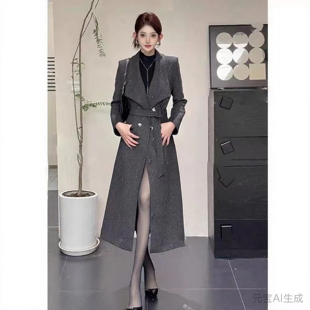 小香风长款大摆2025秋冬季新款收腰系带显瘦大衣5082