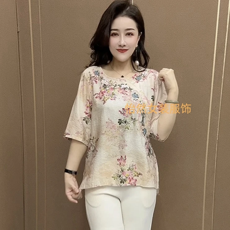 民族风刺绣气质大码显瘦宽松百搭休闲中老年妈妈装女士上衣T恤