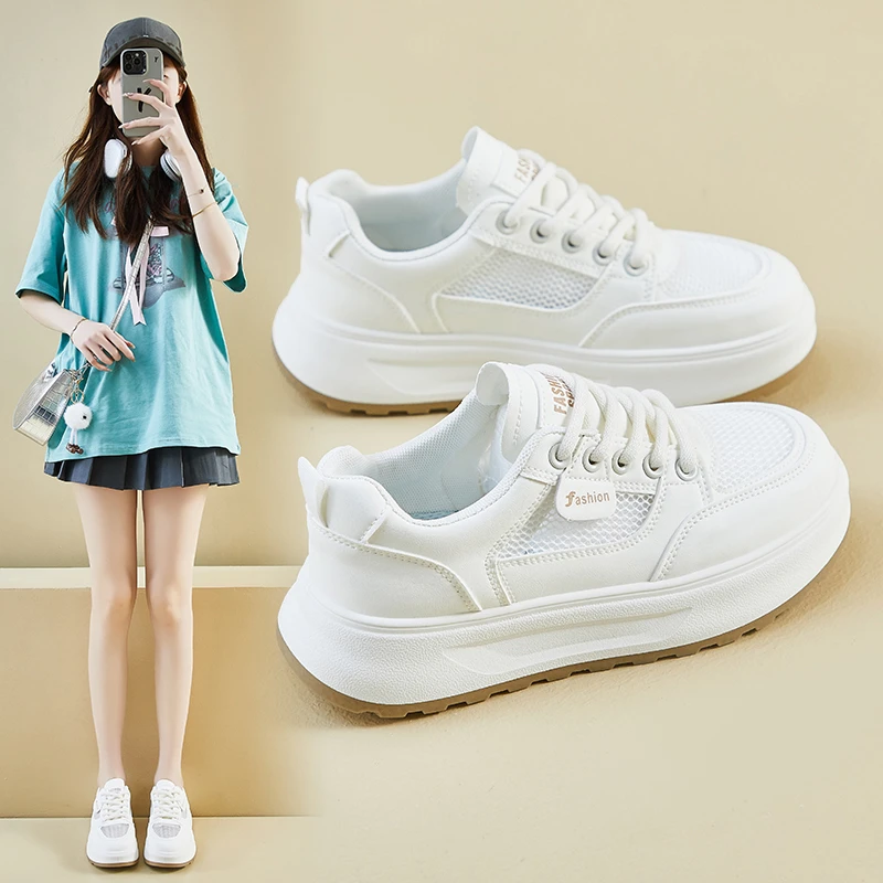 2025夏季小白鞋新款韩版厚底增高网面透气休闲鞋