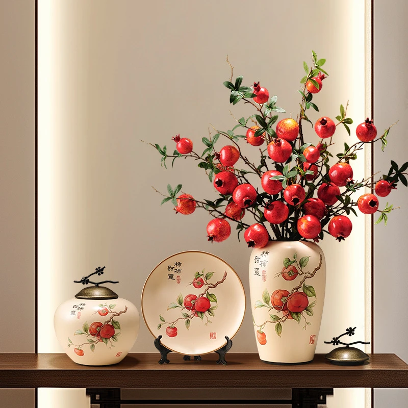 新中式事事如意柿子陶瓷花瓶摆件客厅入门玄关家居乔迁新居装饰品