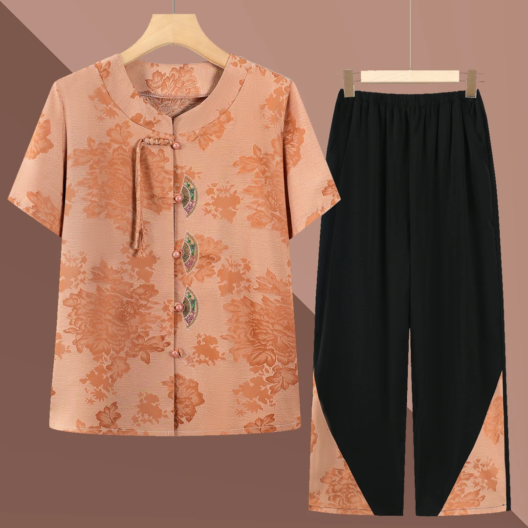 中老年女装奶奶夏装短袖套装老年人妈妈两件套老人衣服老太太衬衫