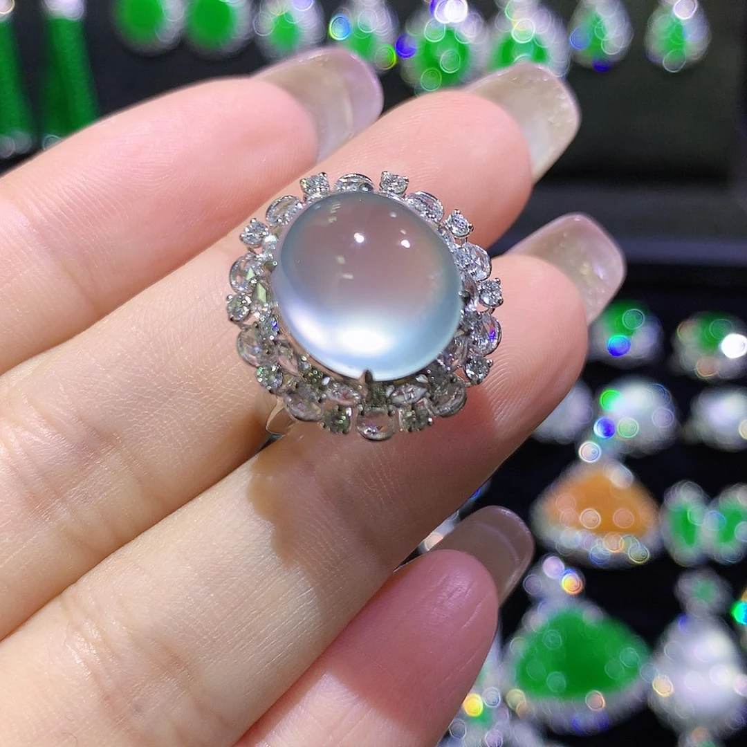 翡翠18K金镶嵌戒指玻璃种极光蛋面不封底