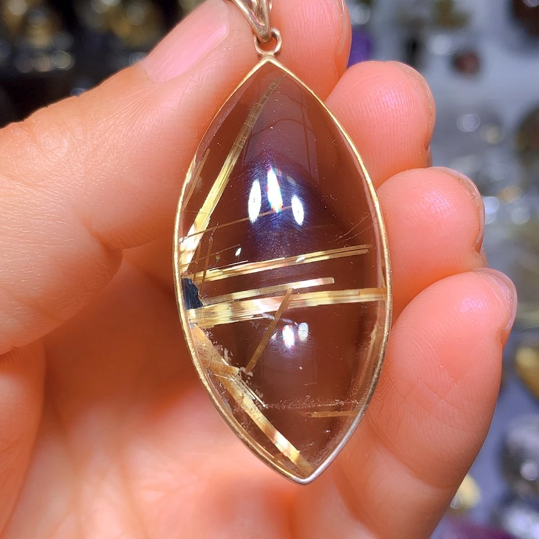 水晶吊坠银S925镀金镶嵌天然水晶