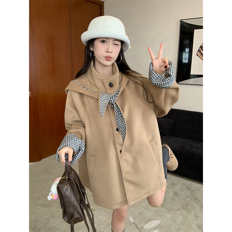 韩系复古毛呢厚款中长款大衣外套女秋季新款~帽子可拆卸百搭上衣
