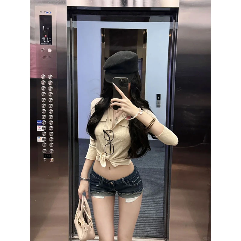 2025夏季新款ins美式辣妹纯欲高级设计感气质收腰上衣低腰牛仔裤