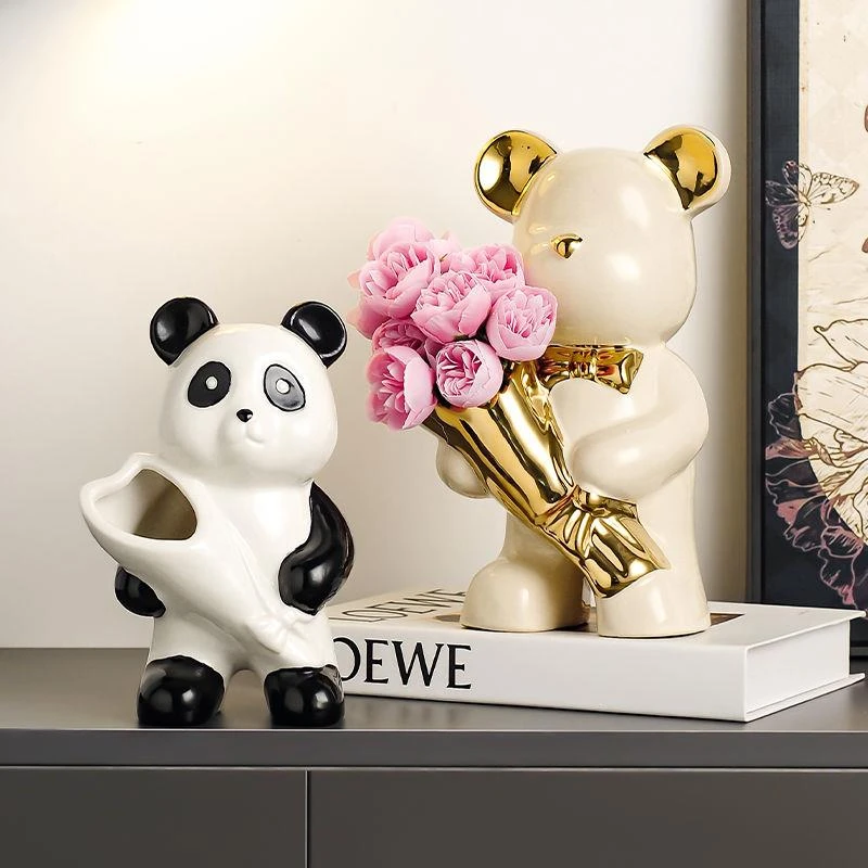 家居手捧熊猫花瓶插花摆件玄关客厅创意电视柜桌面装饰品乔迁礼物