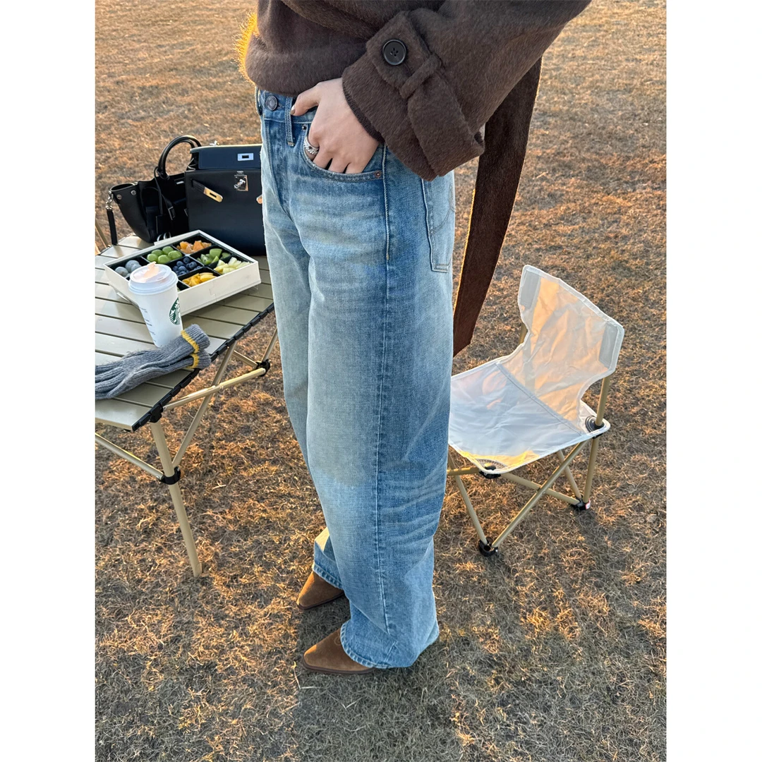 YANGLE_牛仔裤女2025冬季新款韩系宽松复古脏染做旧浅蓝直筒长裤