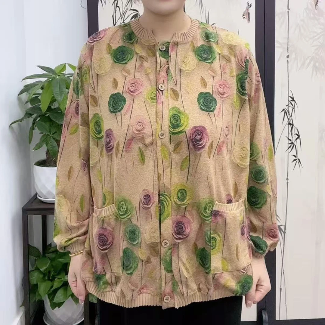 8046秋冬文艺花卉毛衣外套圆领纽扣口袋百搭开衫