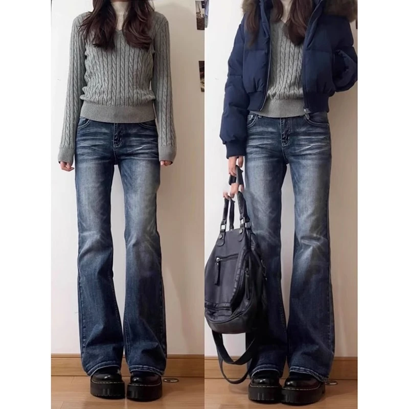 雪千羽复古蓝直筒显瘦牛仔裤女高腰2025年新款春秋薄款美式烟管裤