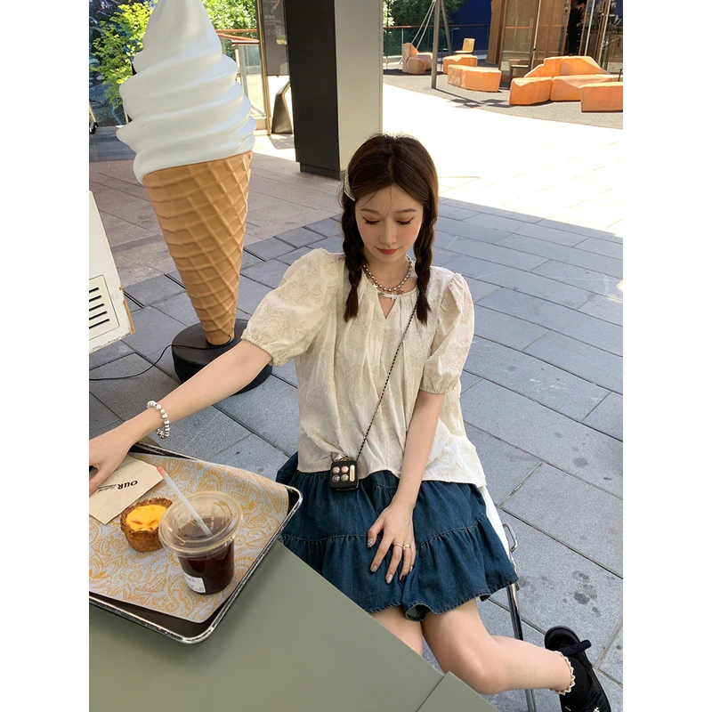 杨杨YANGRUOY棉麻亚麻上衣女高端短袖衬衫镂空夏季别致漂亮小衫女