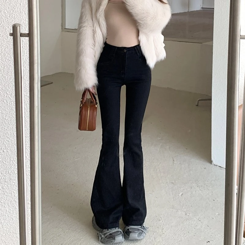 新款高腰秋冬加绒修身设计感显瘦喇叭牛仔裤女B-02B-9931#