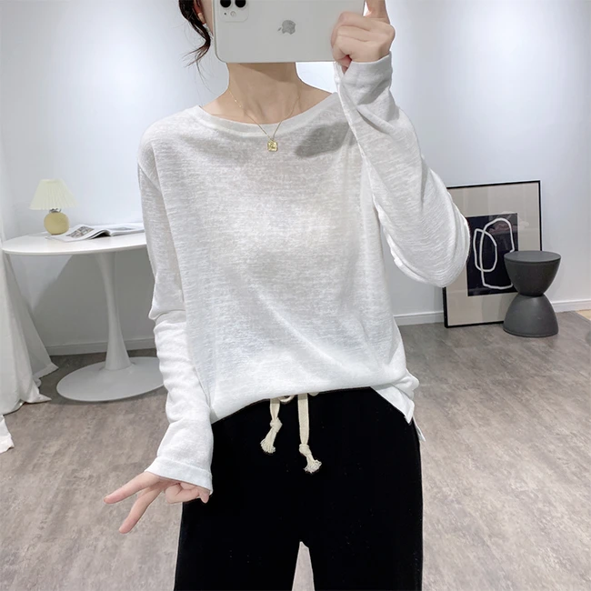 高品质雪花棉棉麻圆领长袖t恤女内搭森系文艺打底纯色上衣春秋冬