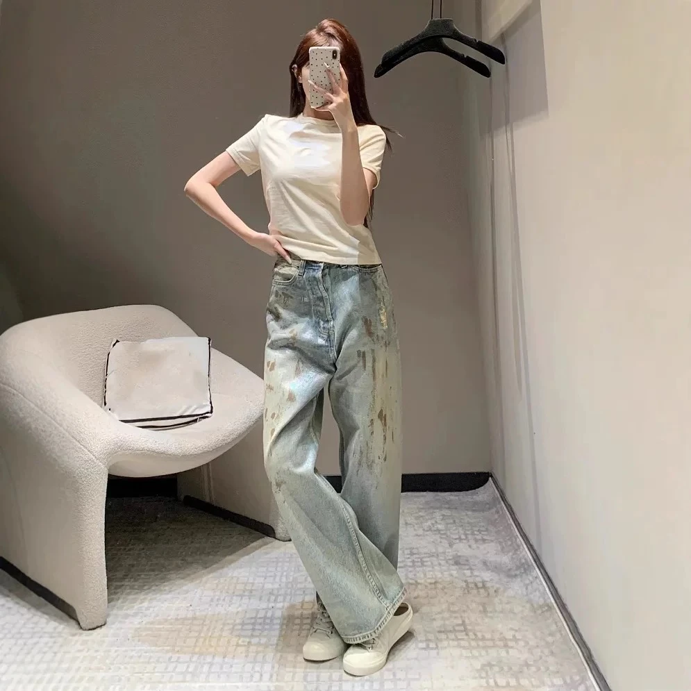 GXW2025SS 人鱼姬五彩涂层做旧泼墨水洗牛仔裤