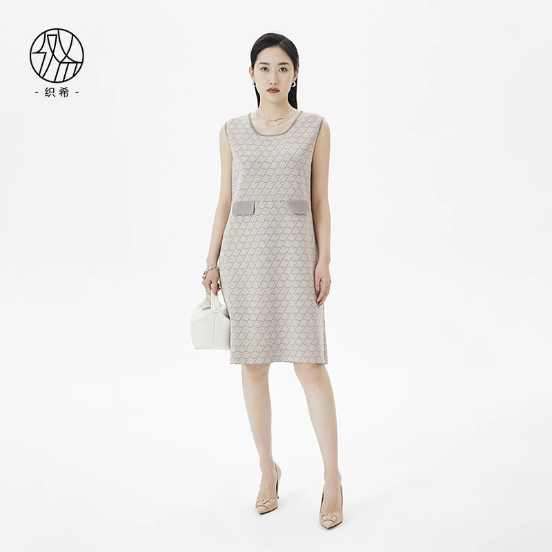TESSITI｜春夏新款时尚质感老花提花图案针织马甲无袖连衣裙