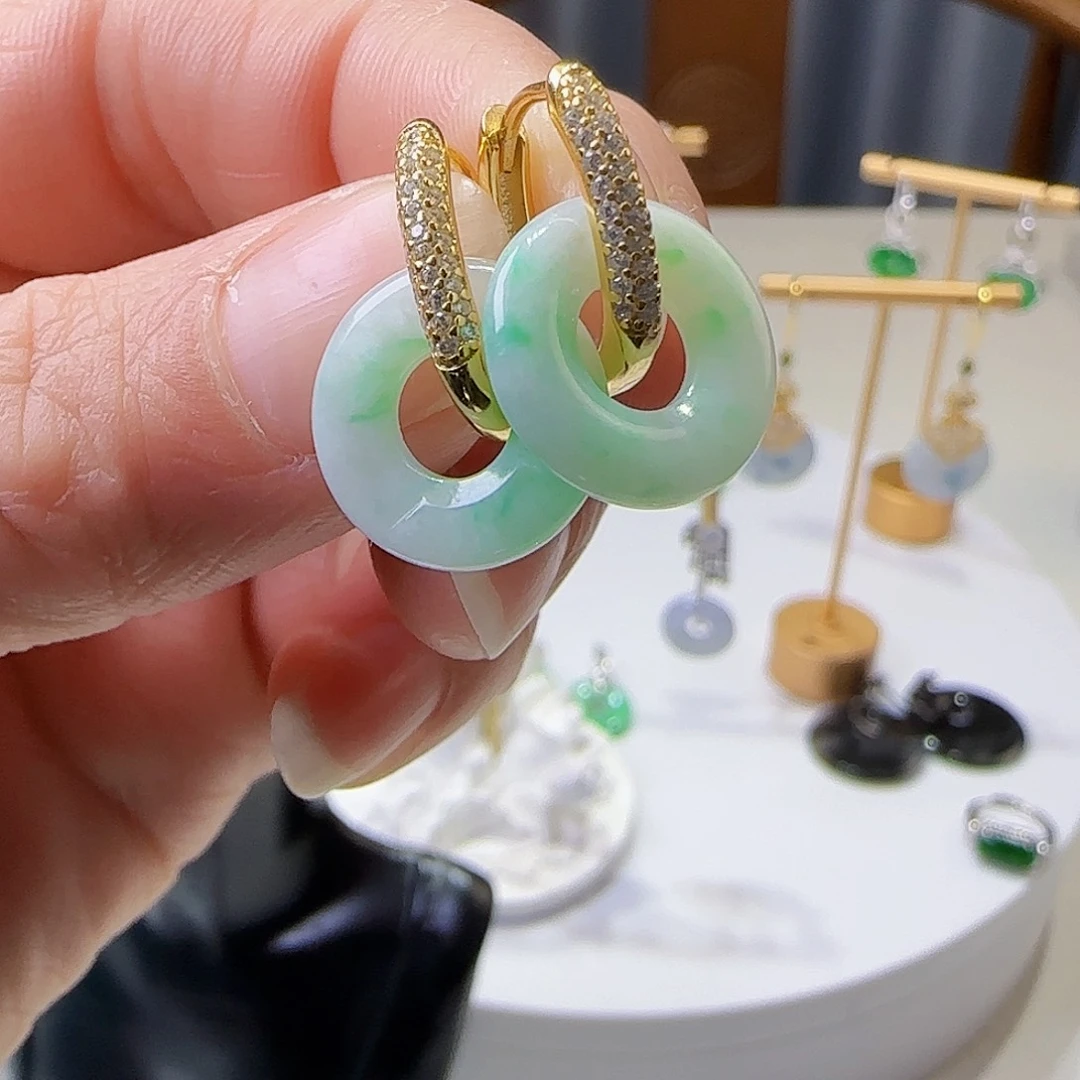 翡翠耳饰银S925镶嵌天然缅甸a货翡翠