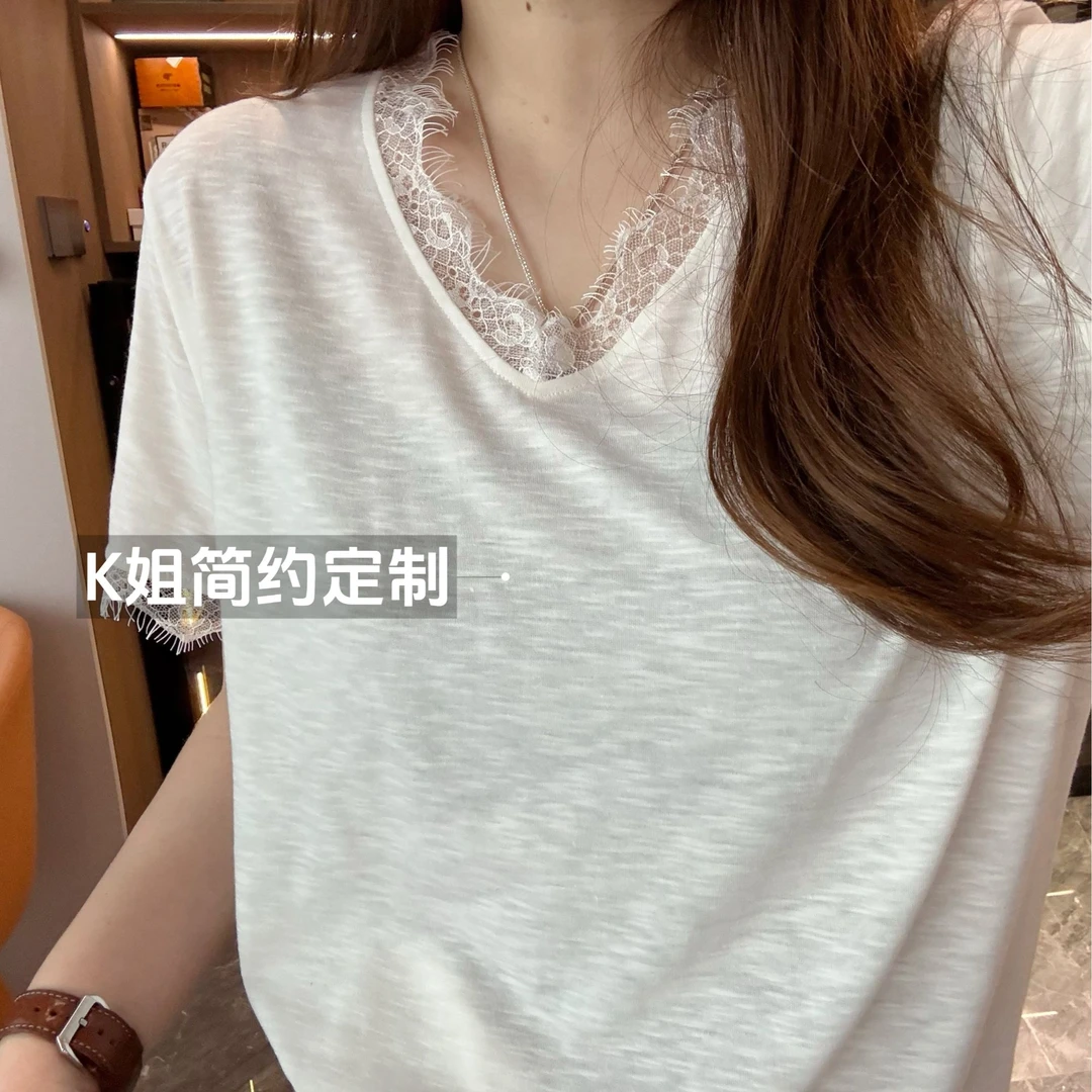 GTNER“KK定制”竹节棉蕾丝短袖T恤女夏季薄款宽松显瘦V领上衣D1809