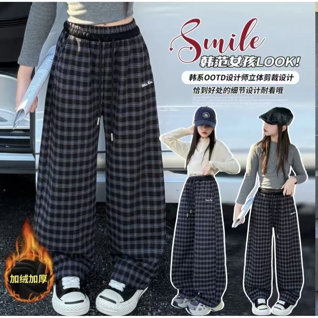 女童秋冬外穿新款大童女孩冬一体格子男童女童加绒女童加绒裤子