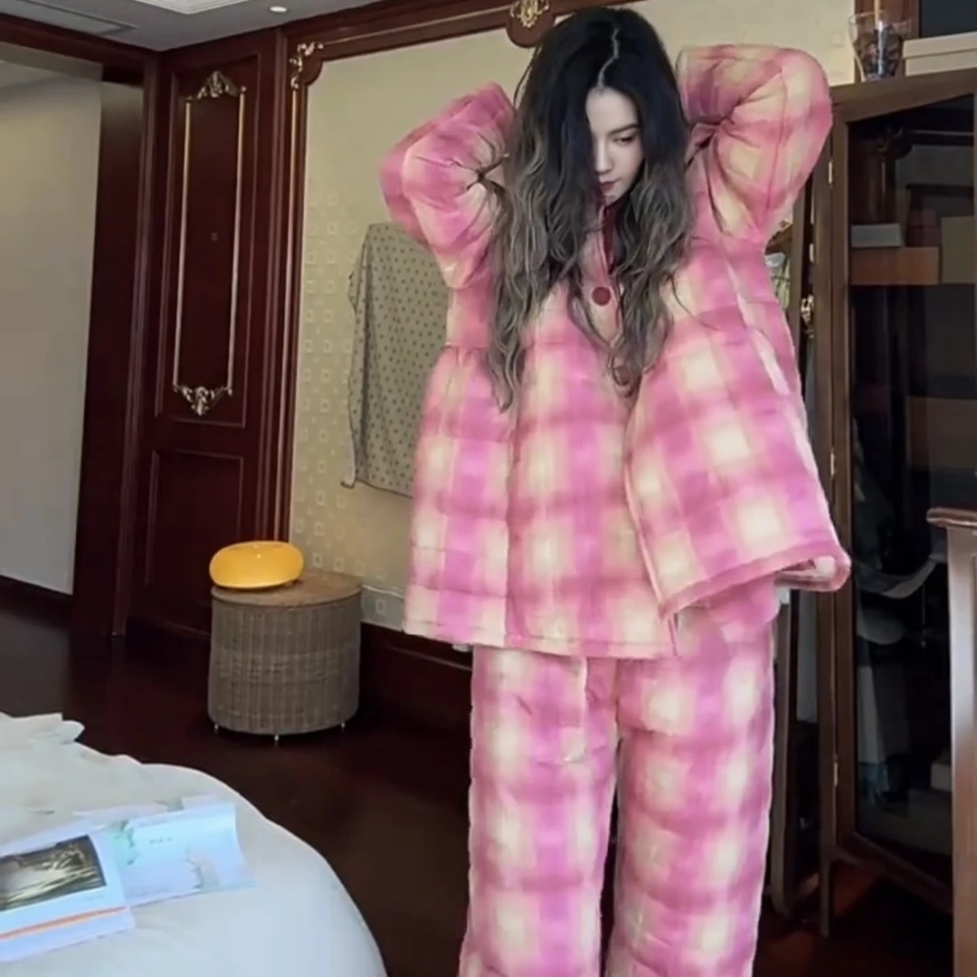 新款冬季保暖加厚夹棉袄女士秋冬厚款格子家居服简约高级感厚套装