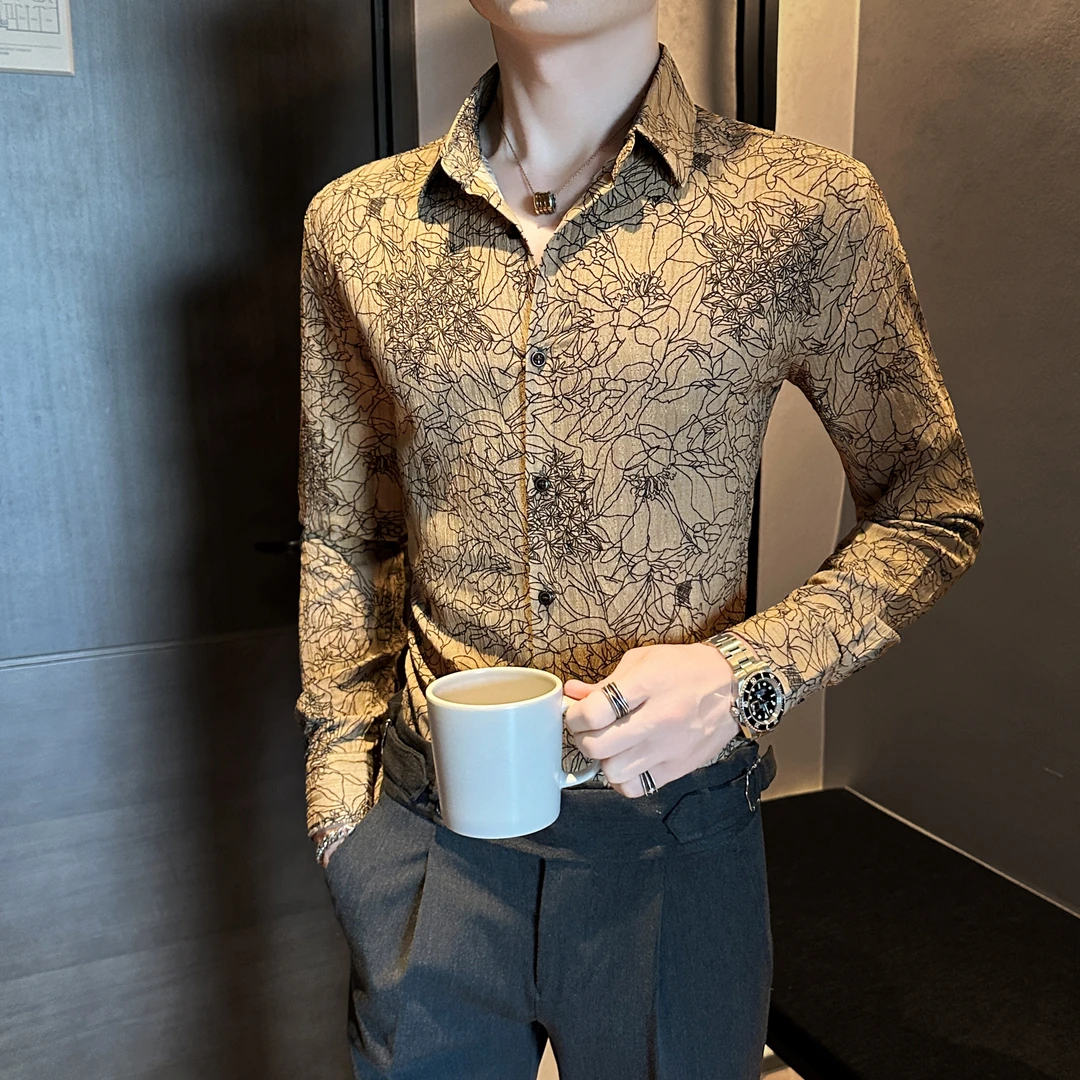高级感休闲印花长袖衬衫男装秋季新款潮流痞帅网红男韩版花纹衬衣