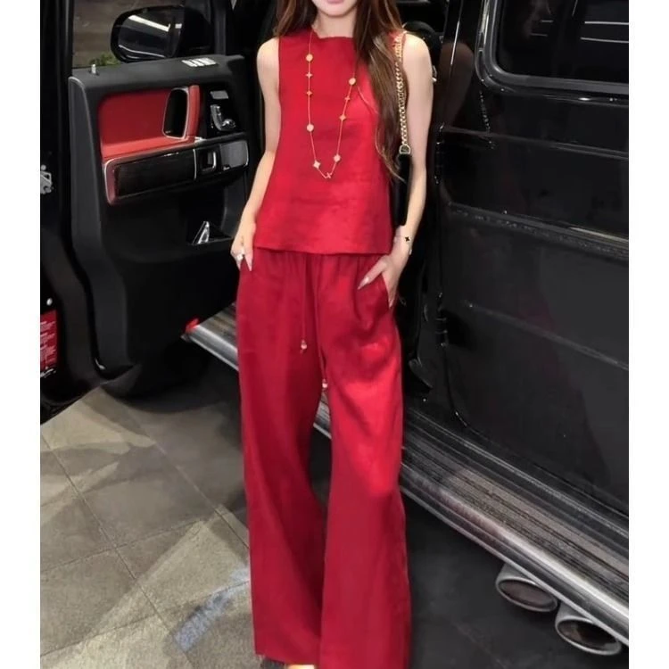 哥弟阿玛施正品韩版小众宽松遮肚红色无袖上衣夏季叠穿长款阔腿裤