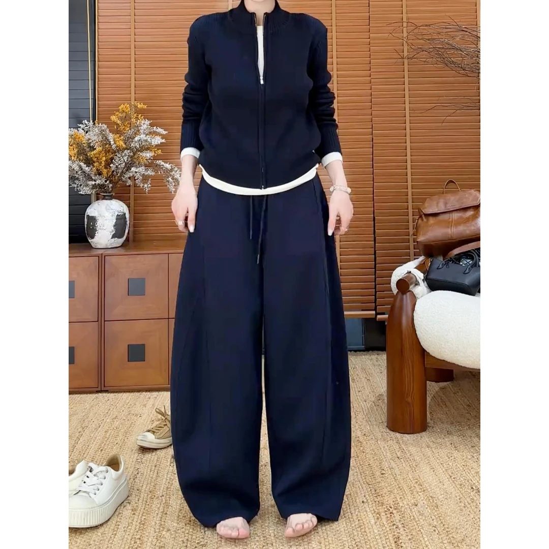 藏蓝色阔腿休闲裤女秋季新款大码梨形身材宽松显瘦松弛感香蕉卫裤