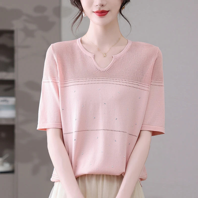 夏季大码烫钻针织衫女宽松显瘦洋气镂空V领上衣薄款设计感短袖T恤