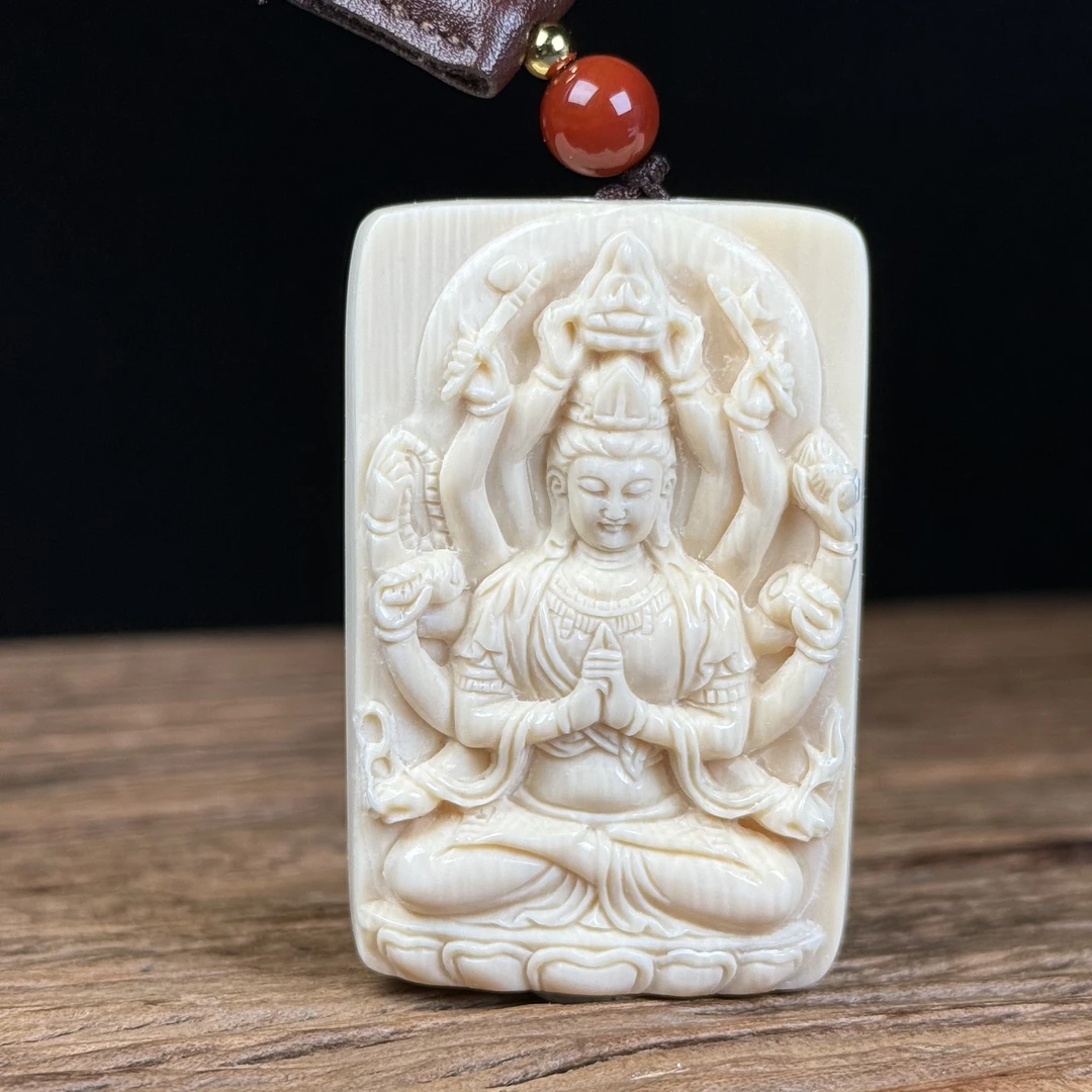 H2719天然猛犸牙雕刻千手观音36*55*11mm支持鉴定 假一罚四