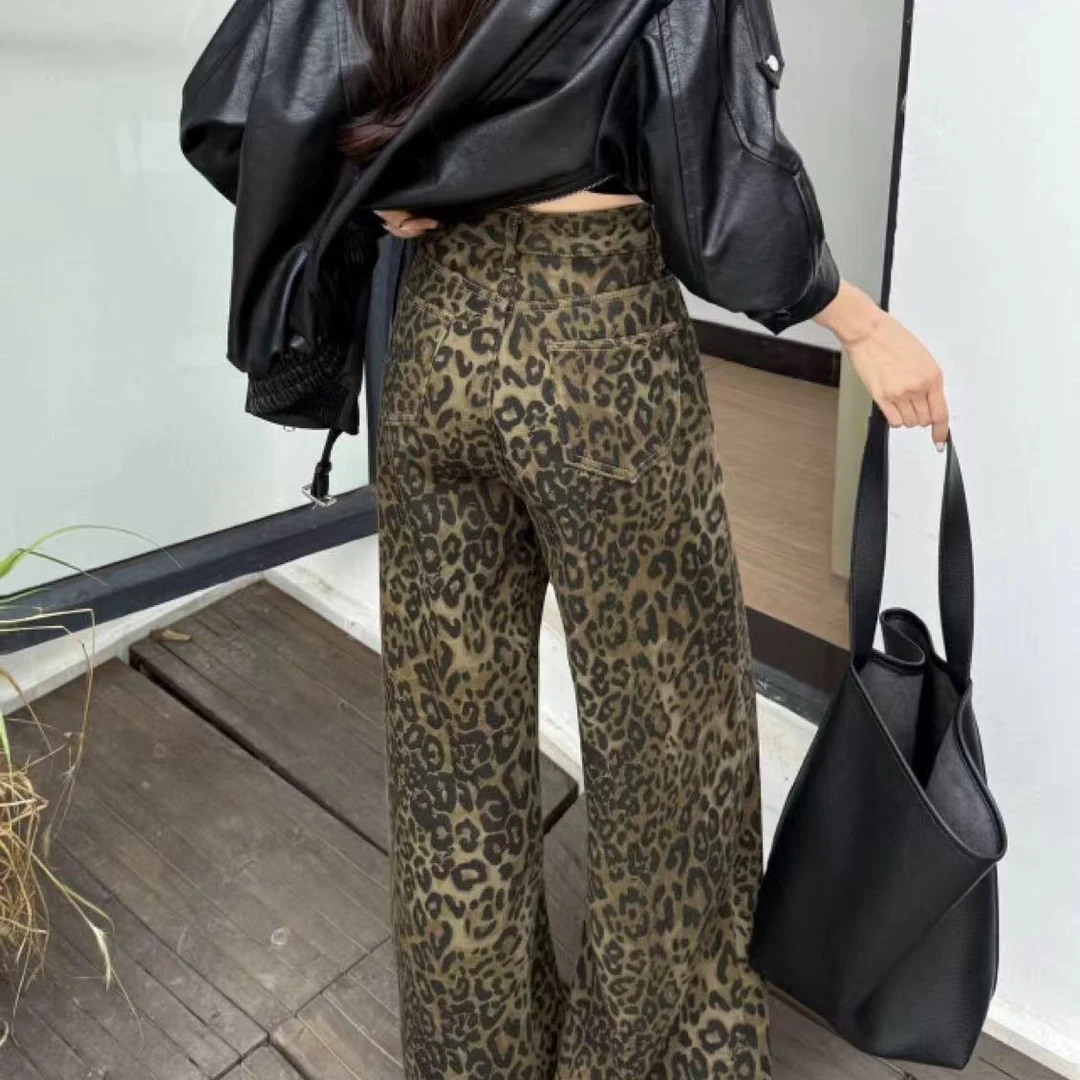 9606新疆包邮美式复古豹纹牛仔裤女高腰显瘦宽松直筒阔腿秋冬加厚