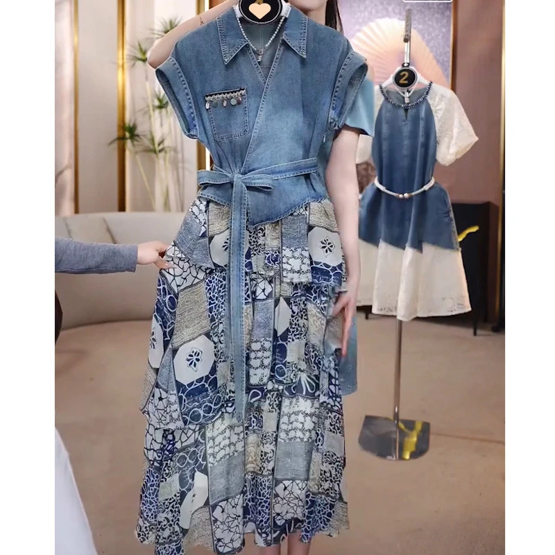 欧若风小众碎花假两件牛仔连衣裙女款夏季新款气质收腰显瘦清新