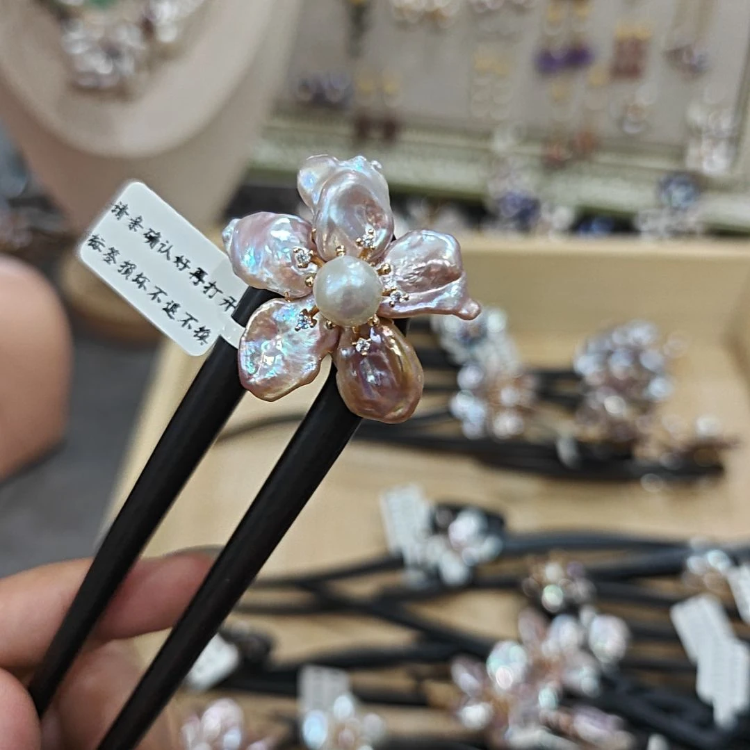 无非金属粉色花花双钗