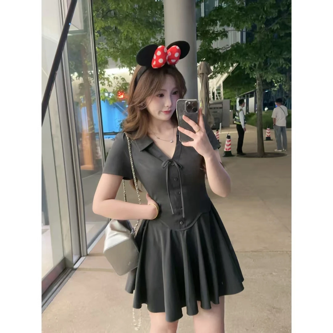 MuMu子酱微胖定制夏季复古风灰色高级感翻领收腰A字连衣裙WP10056