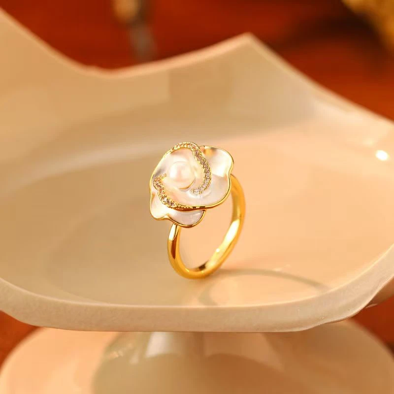 铜合金珐琅戒指 山茶花非遗珐琅彩开口戒指清新绿色精致可调节