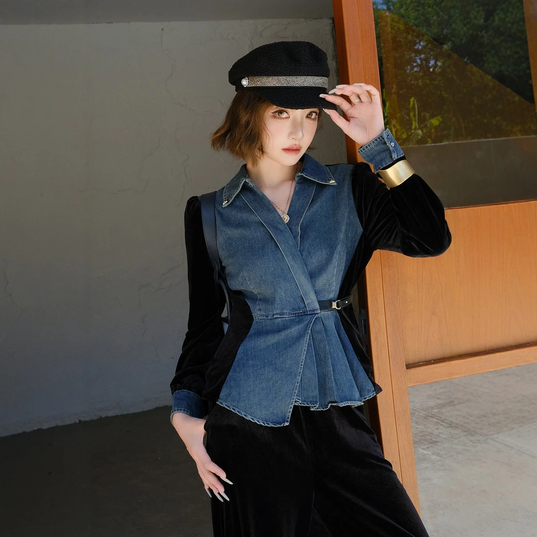 【现货】MIUCO复古摩登牛仔拼丝绒收腰长袖上衣+休闲直筒阔腿裤套装