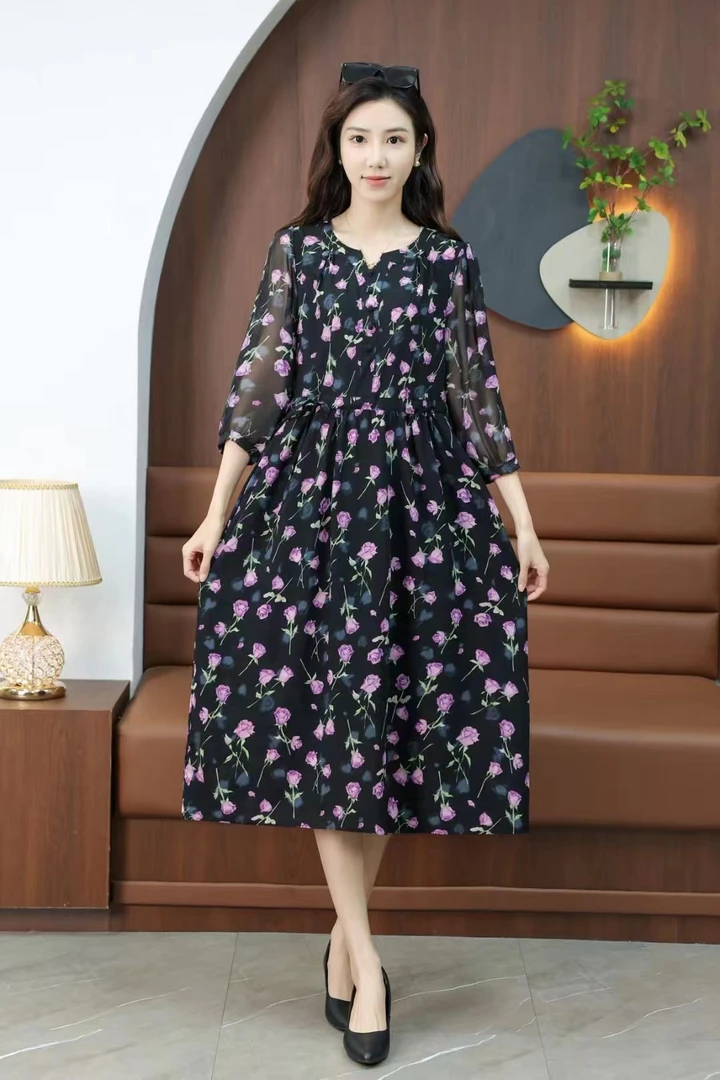 紫玉T7836女装桑蚕丝连衣裙气质时尚中长款修身夏季爆款