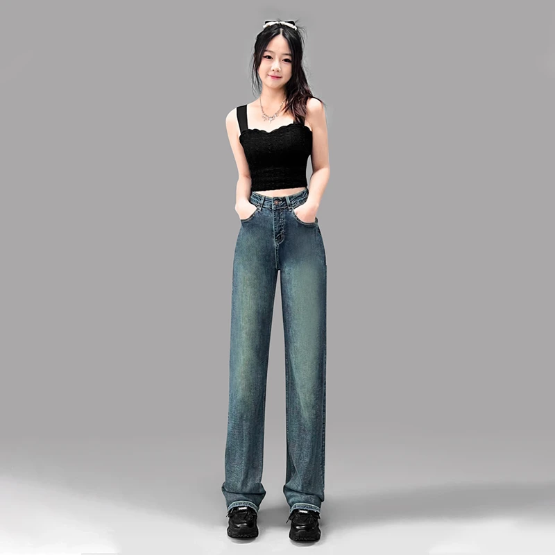 A VIOLENTLY ODYSSEY阔腿牛仔裤女2025新款港味显瘦拖地直筒裤子