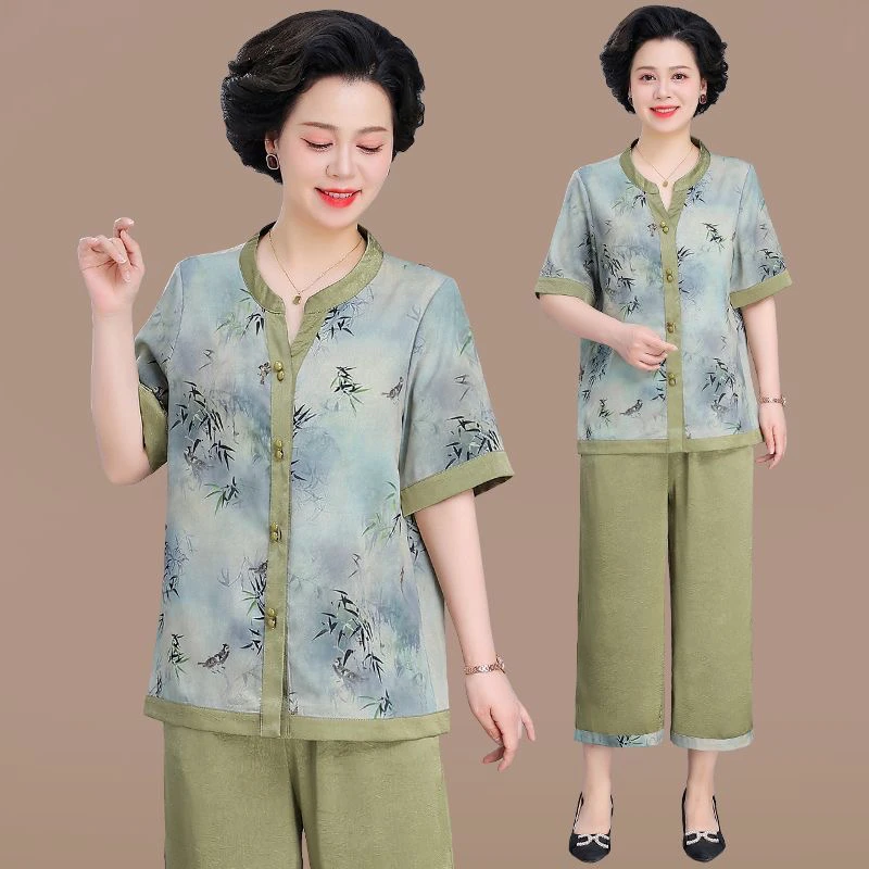 7018大码新中式夏季套装 时尚印花短袖开衫中老年妈妈气质女装