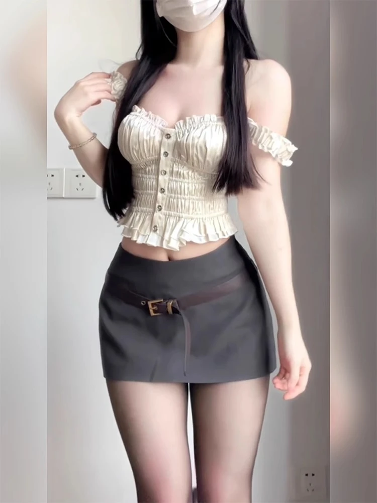 C3738新款法式纯欲褶皱吊带背心女夏逛街辣妹风低腰包臀半裙套装