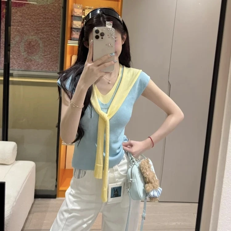 韩系温柔风V领披肩针织衫女夏季纯欲气质修身显瘦假两件短袖上衣