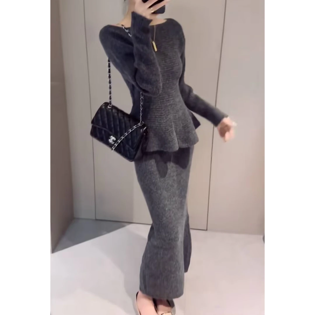 设计感法式小香风两件套装裙2025秋冬季新款荷叶边针织衫半身裙