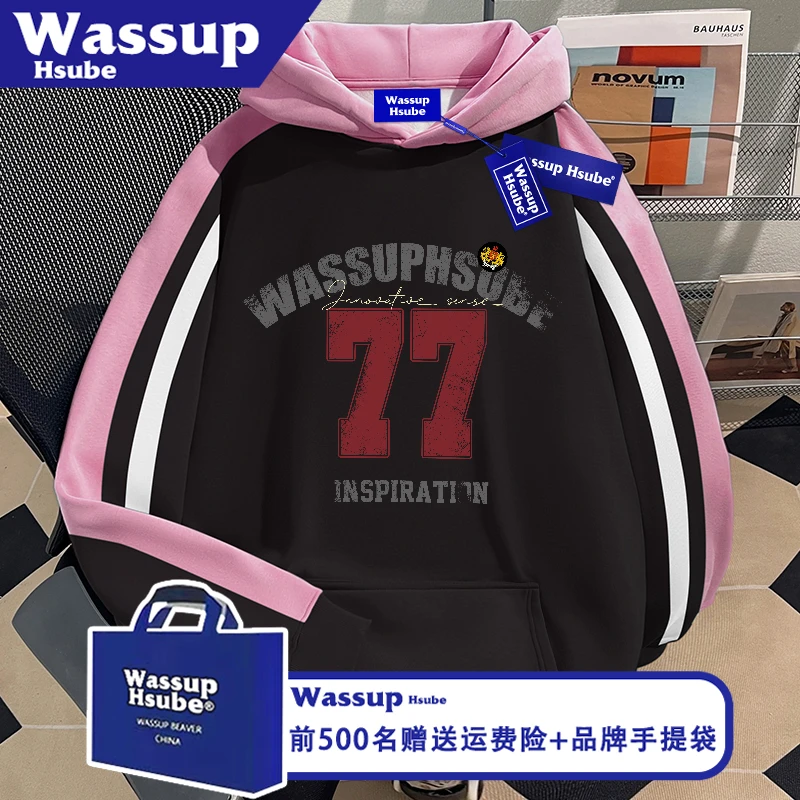WASSUP HSUBE运动风数字字母印花连帽卫衣秋冬设计男女款连帽上衣